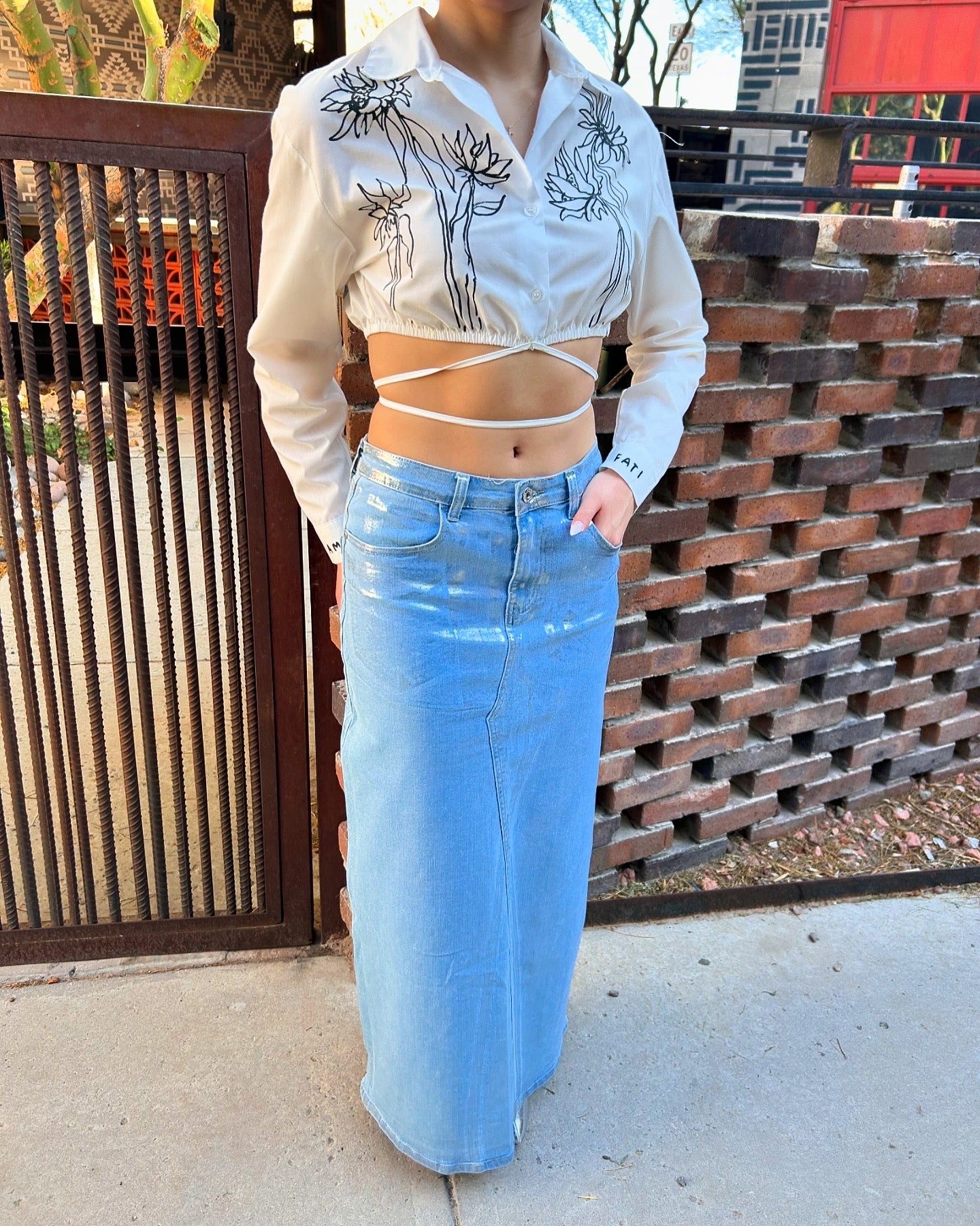 Metallic Light Denim Maxi Skirt