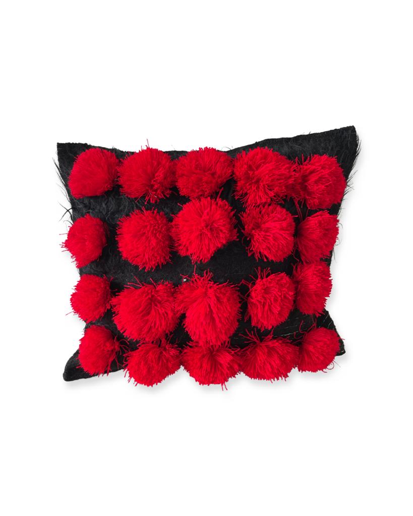 Black Wool Red Pompom Pillow