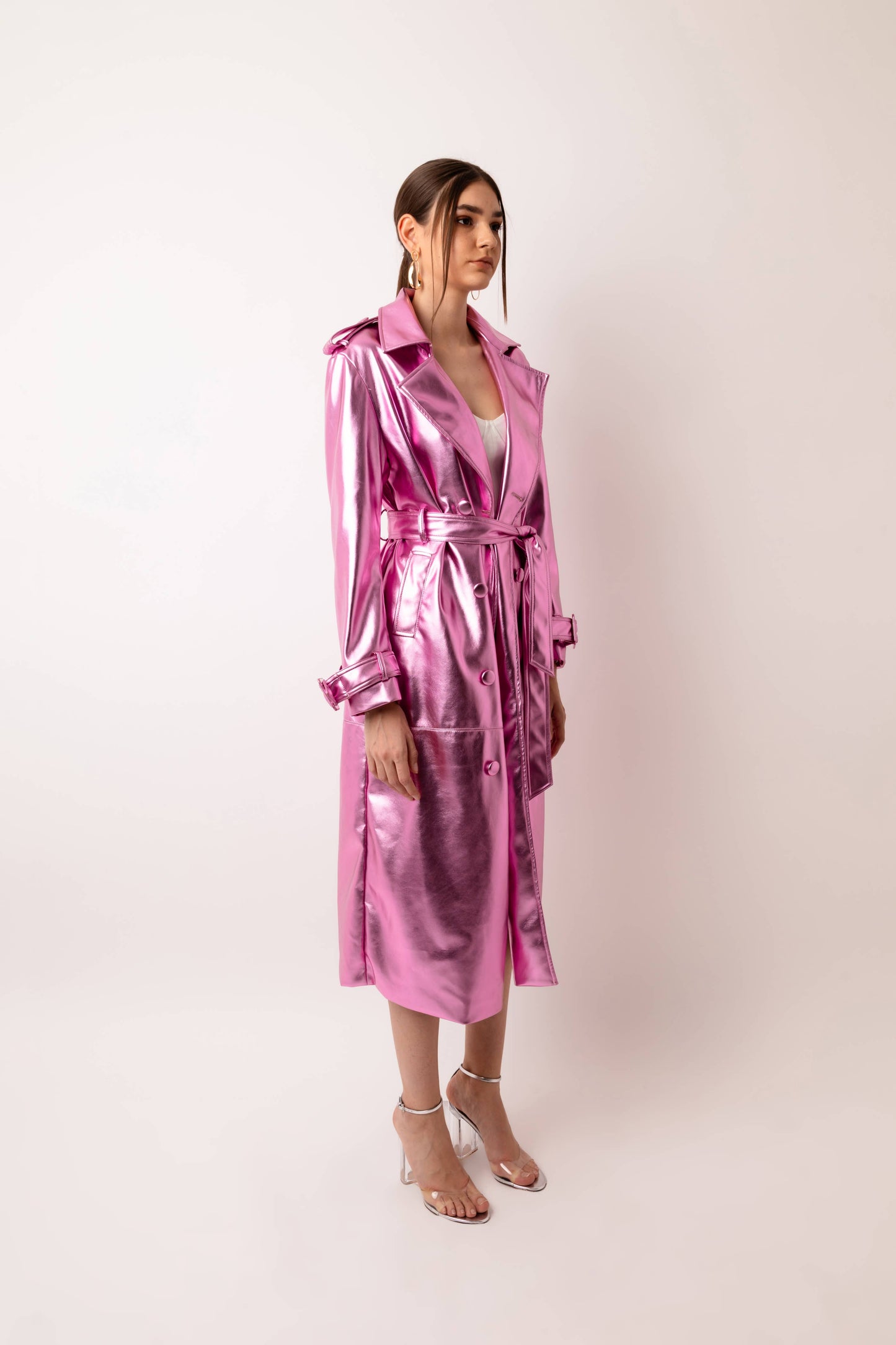 Lupe Faux Leather Gold Trench Coat: Rose Pink / Small