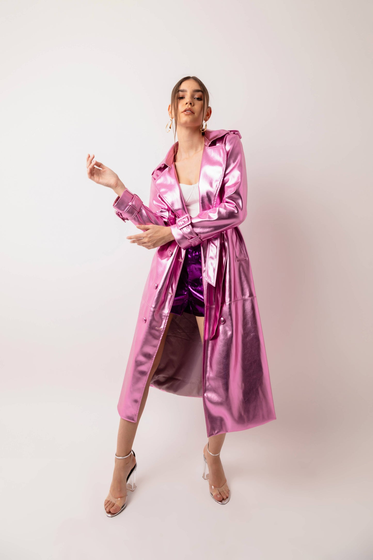 Lupe Faux Leather Gold Trench Coat: Rose Pink / Large