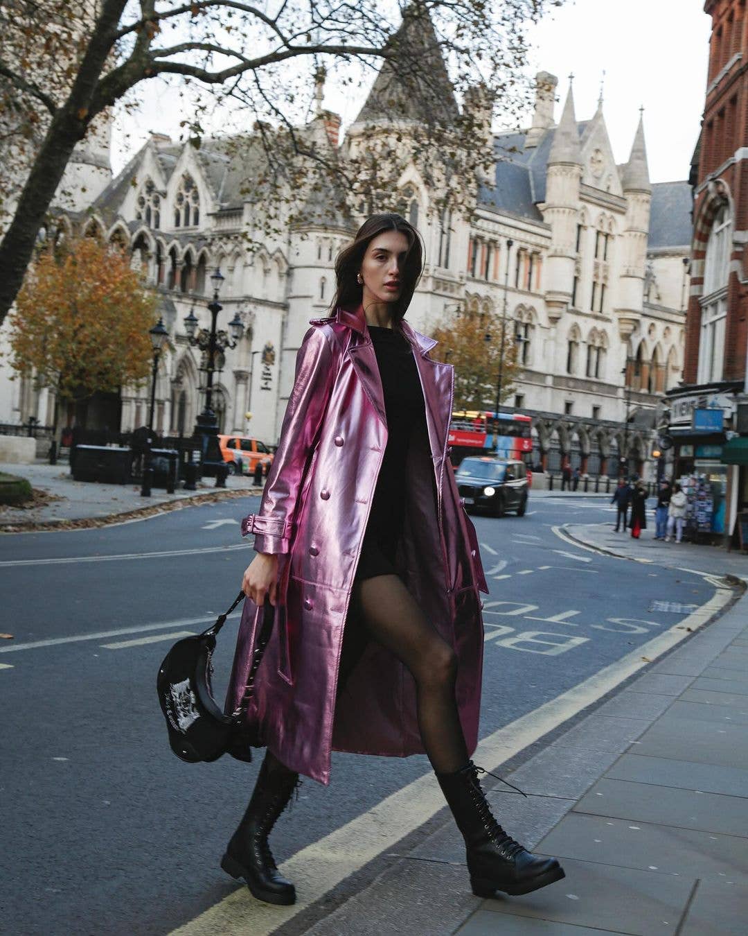 Lupe Faux Leather Gold Trench Coat: Rose Pink / Small