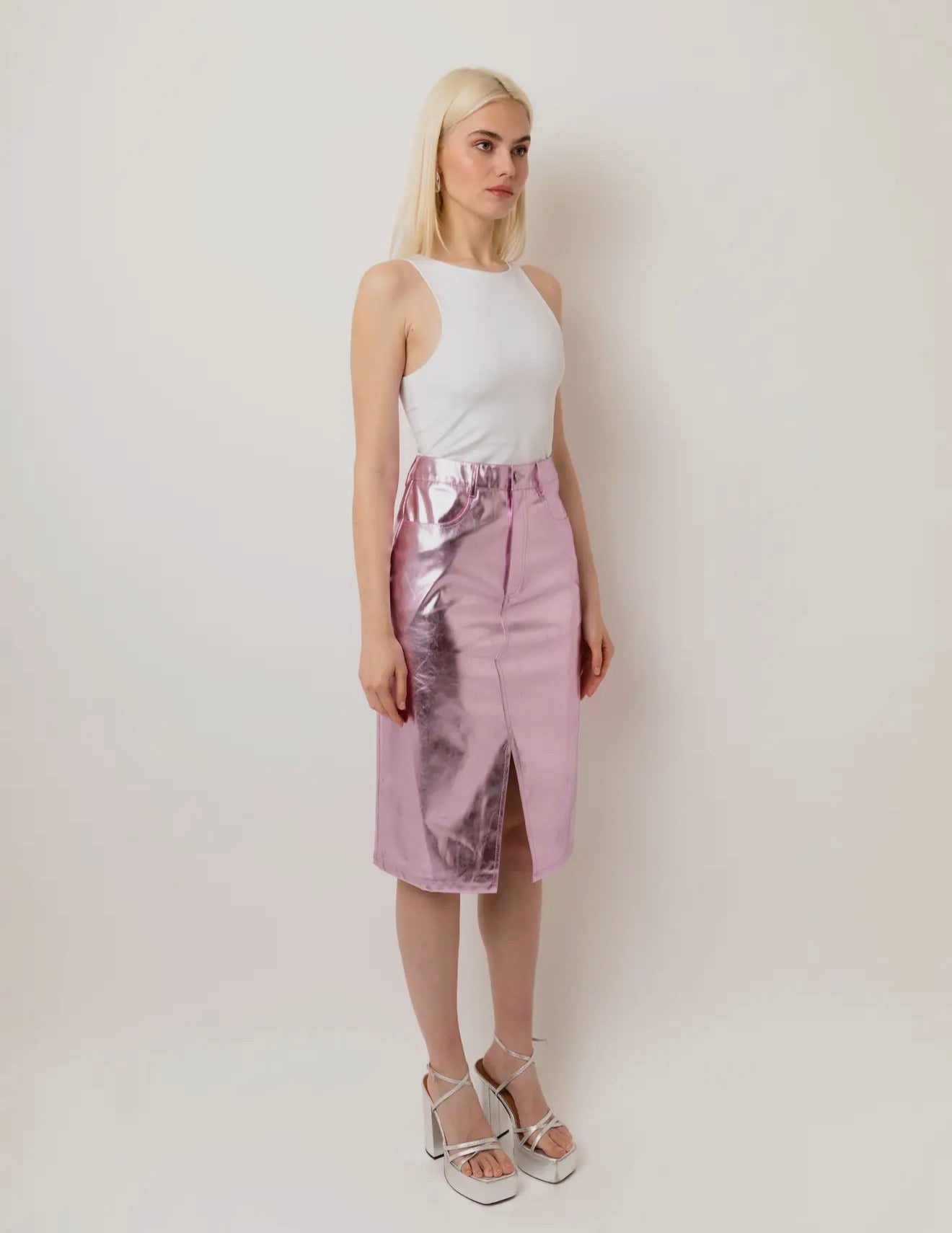 Pink Metallic High Waisted Skirt