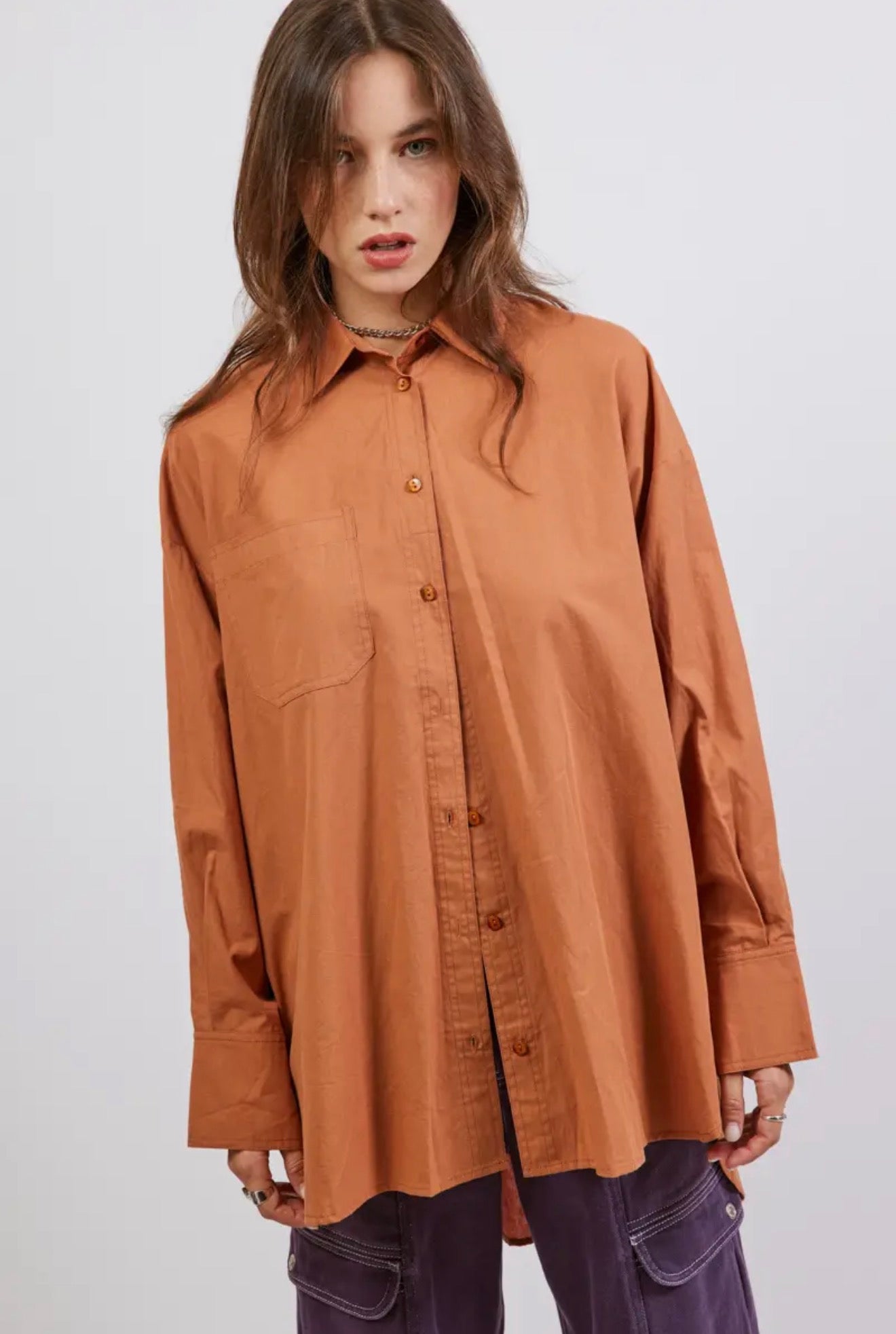 Oversized Button-Up Shirt – Rust