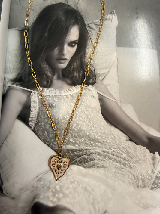 Gold White Heart Pendant Chain Necklace