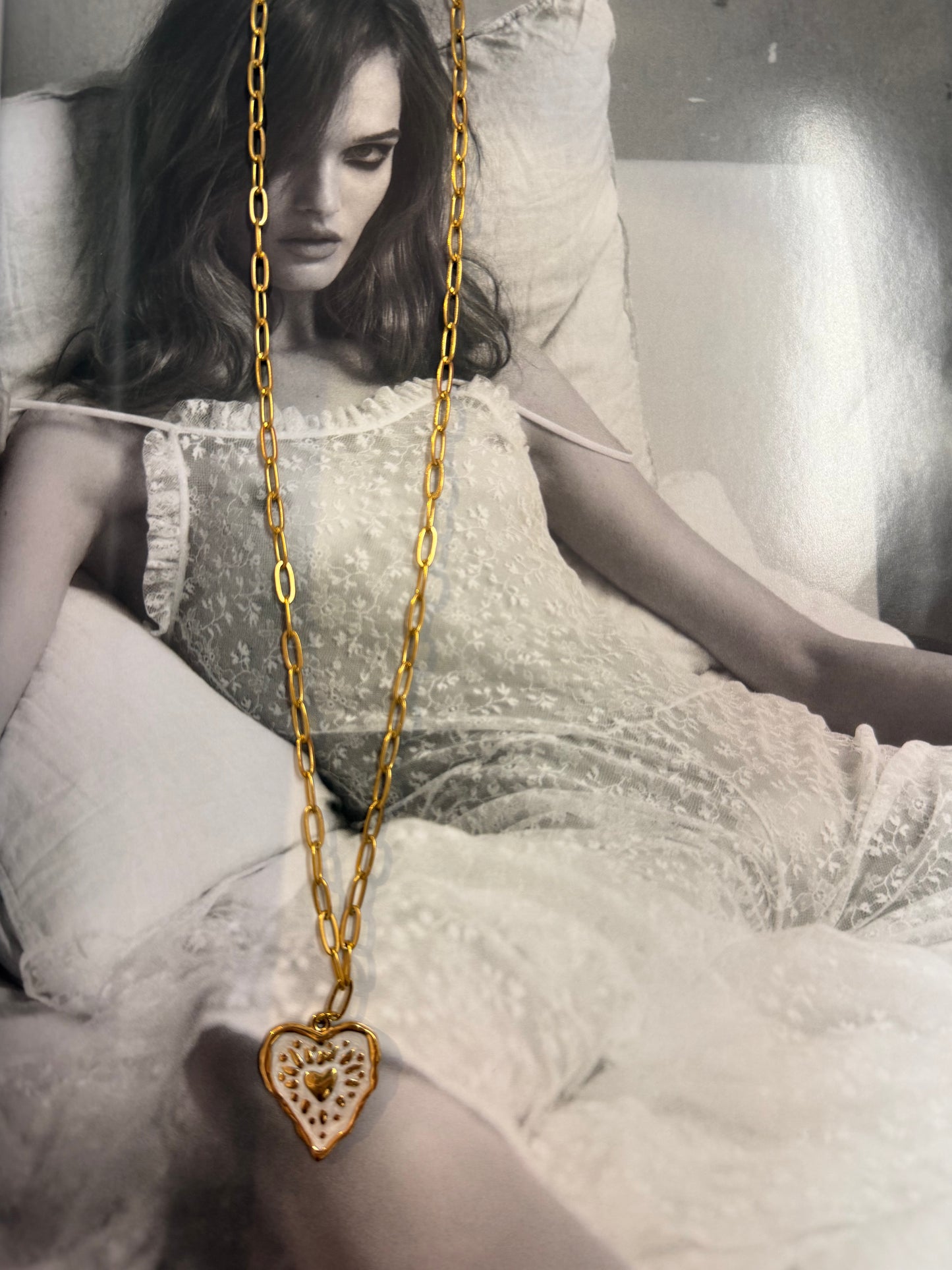 Gold White Heart Pendant Chain Necklace