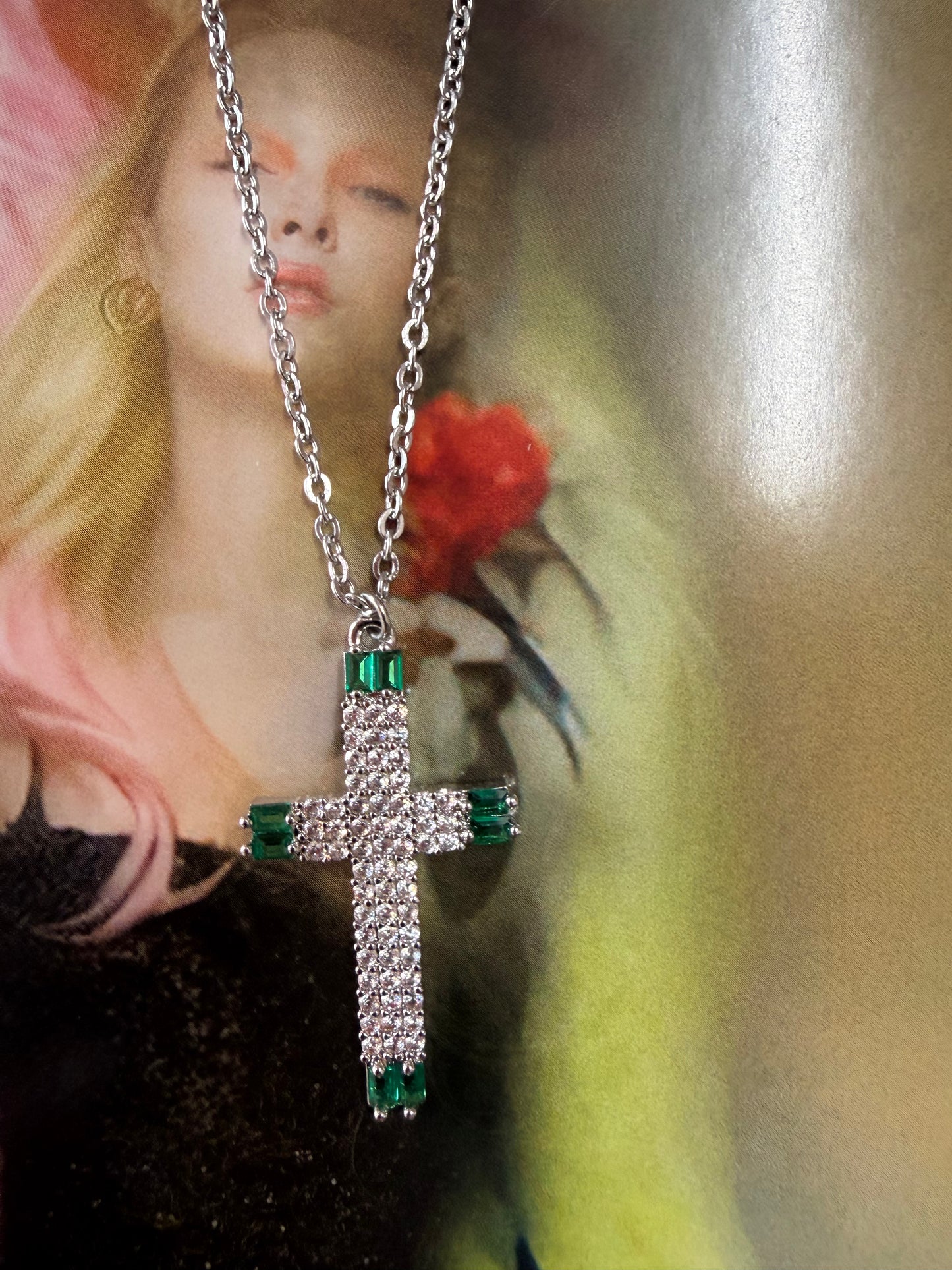 Emerald White Rhinestone Cross Necklace