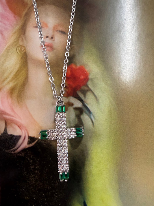 Emerald White Rhinestone Cross Necklace