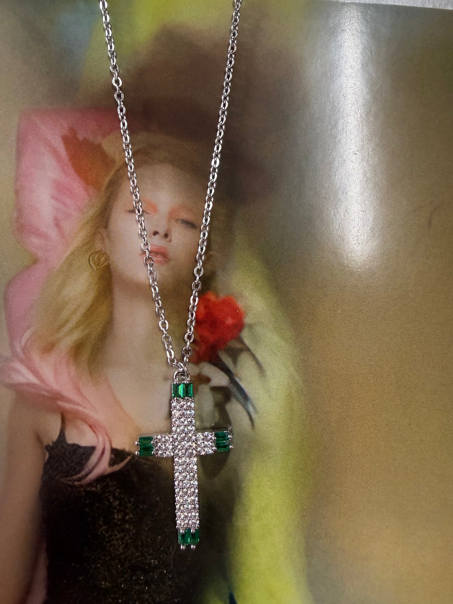 Emerald White Rhinestone Cross Necklace