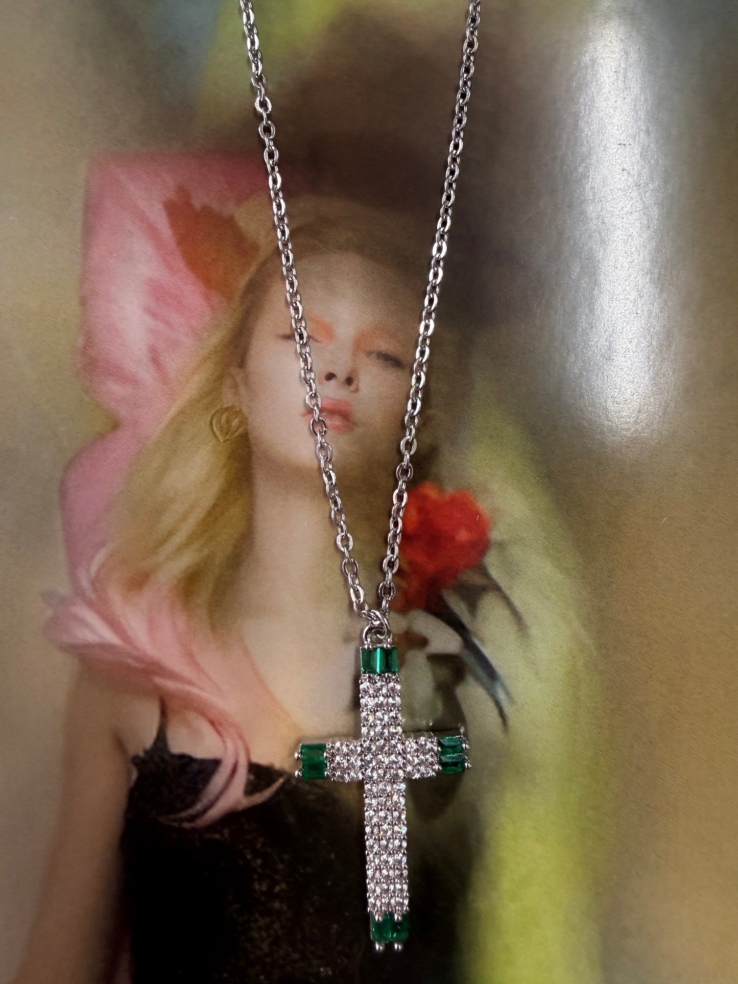 Emerald White Rhinestone Cross Necklace