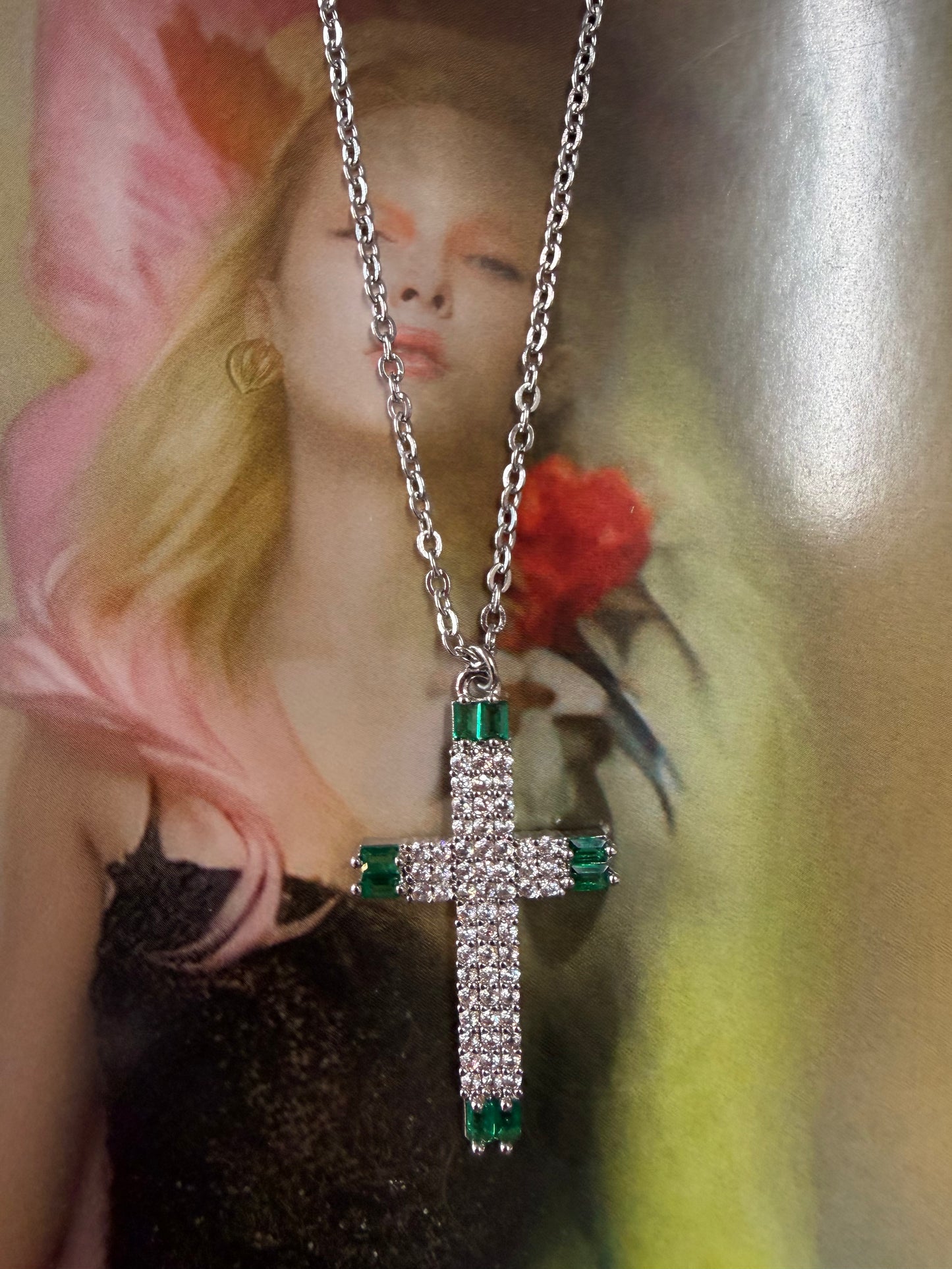Emerald White Rhinestone Cross Necklace