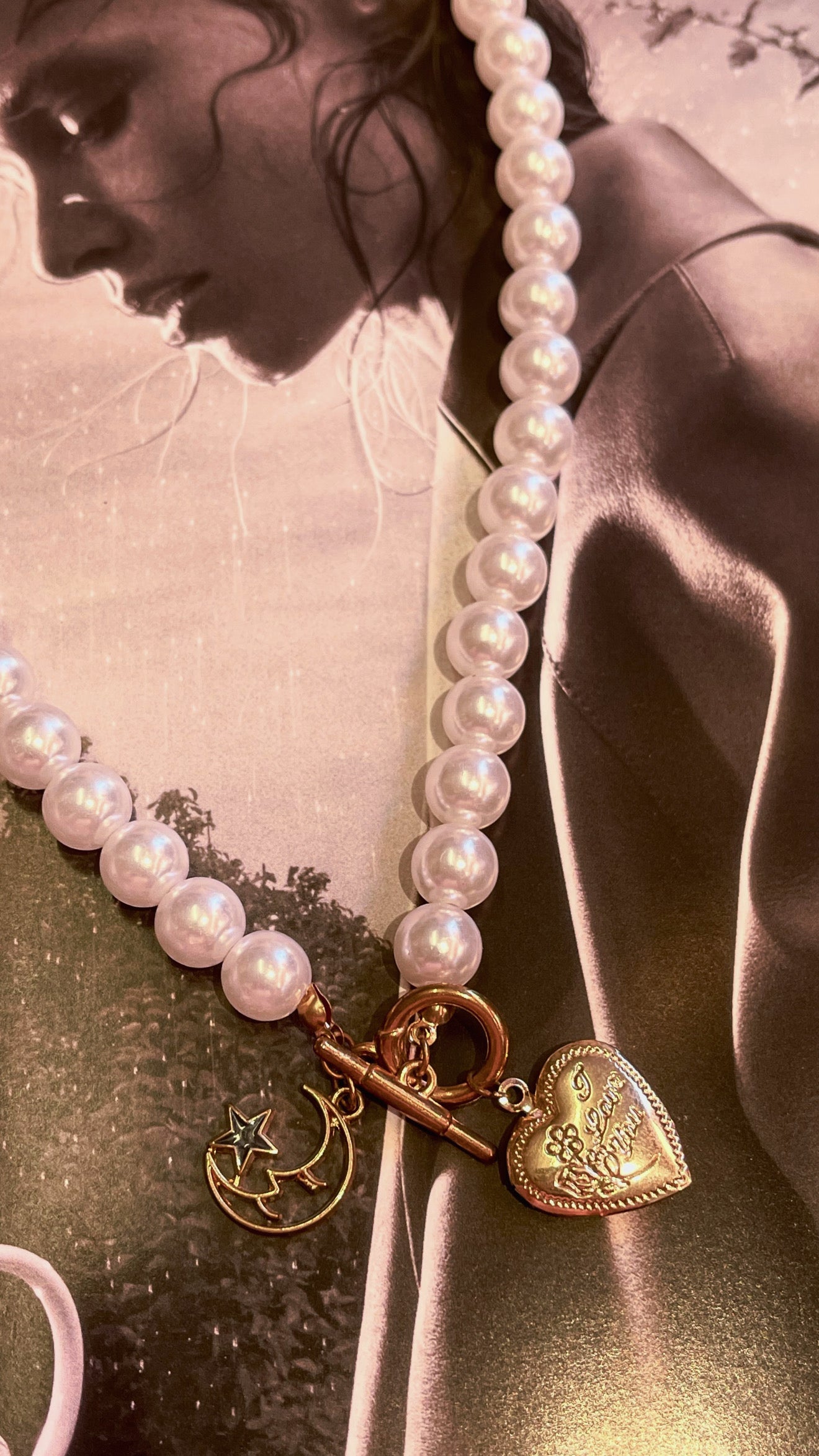 Pearl Moon Heart Charm Necklace