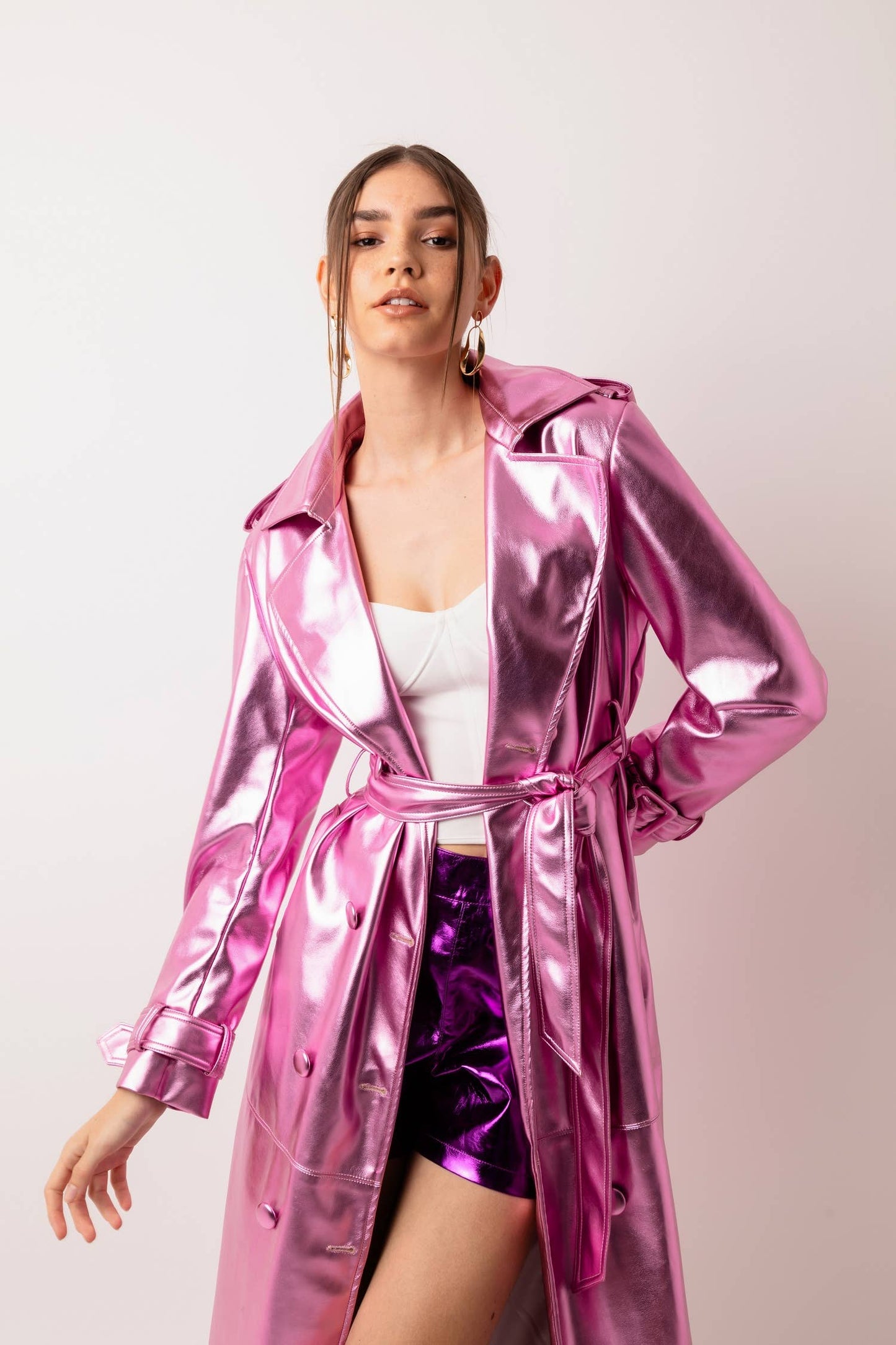 Lupe Faux Leather Gold Trench Coat: Rose Pink / Large
