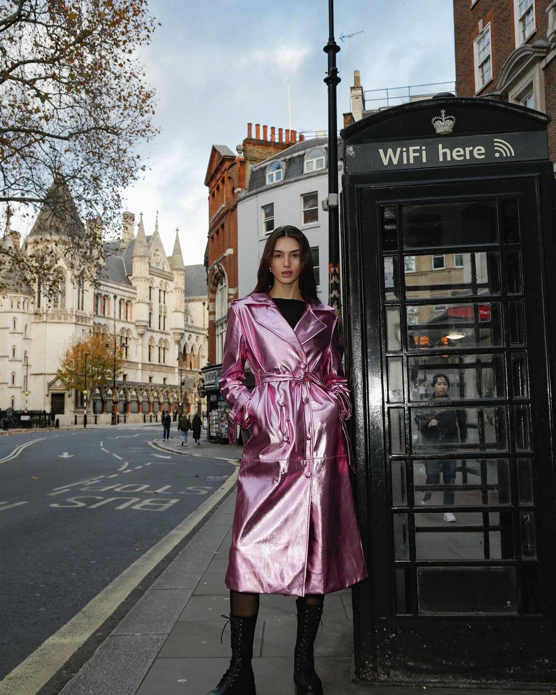 Lupe Faux Leather Gold Trench Coat: Rose Pink / Large