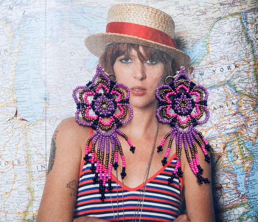 Purple Flower Beaded Earrings