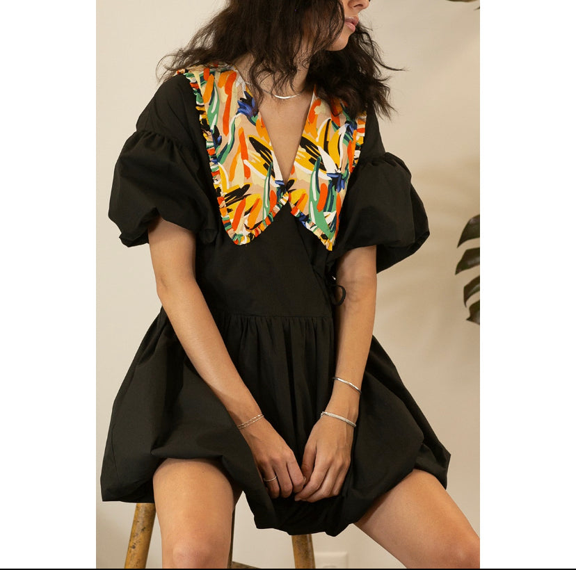 Print Collar Puff Mini Dress