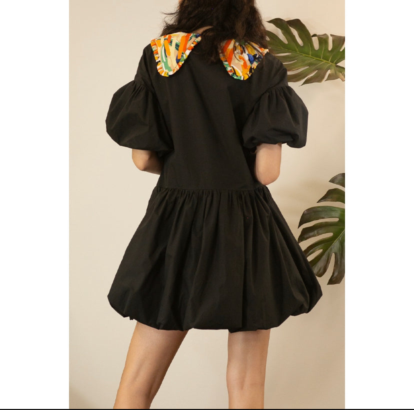 Print Collar Puff Mini Dress